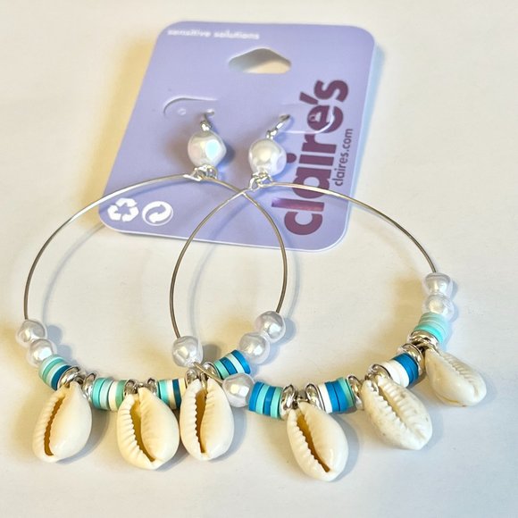 Silver Cowrie Shell White Freshwater Pearl Earrings Island Beach BIG Hoop Plated - Picture 4 of 10